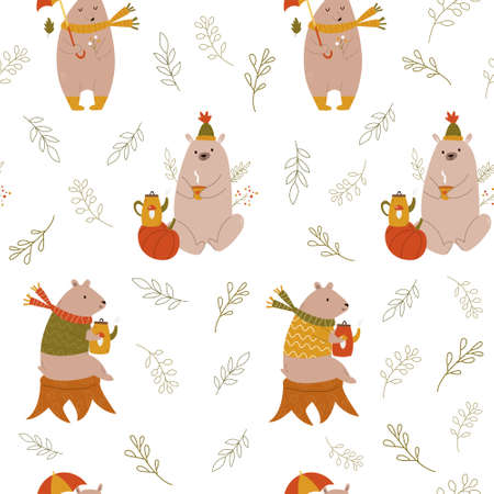 Cute seamless pattern with funny cute bears, teacups, teapots and umbrellasのイラスト素材