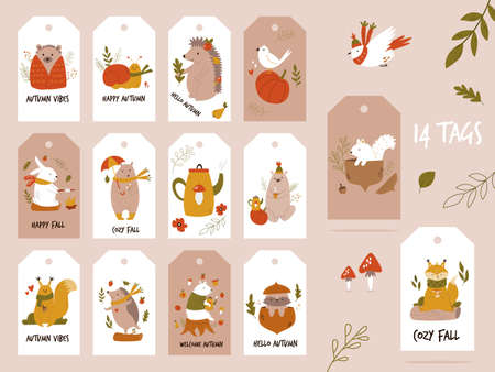 Big autumn set of tags, labels with cute forest animals.のイラスト素材