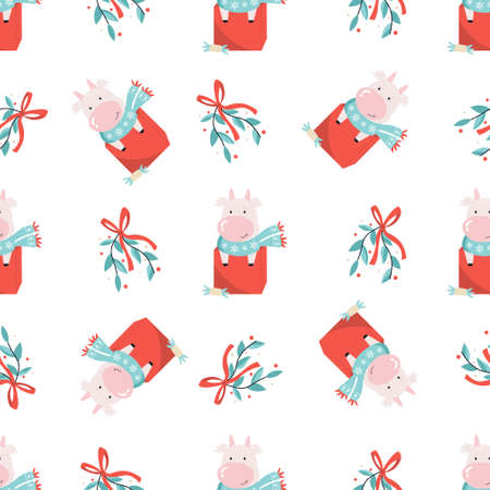 Holiday seamless pattern with cute cows and decorative elements. New Year design for wrapping paper,...