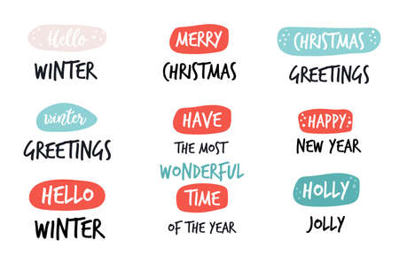 Set of Christmas holiday greeting text with doodle ornaments. Design for festive banner, poster, cardsのイラスト素材