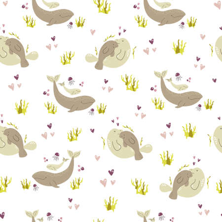Seamless pattern with cute animals families wombat, bear, otter. Vector illustration for nursery designs, wrapping paper, clothing, fabric.のイラスト素材