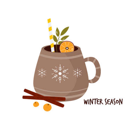 Colorful card with cup of cocoa and spices. Winter greetings. Vector illustrationのイラスト素材