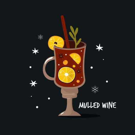 Colorful poster with mulled wine, citrus and spices. Christmas beverage, hand drawn vector illustration.のイラスト素材
