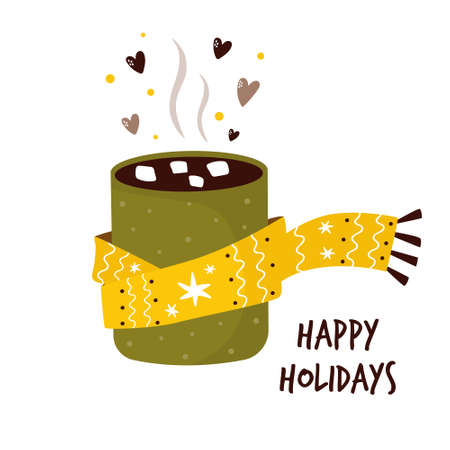 Colorful card with cup of cocoa and marshmallow. Winter greetings. Vector illustrationのイラスト素材