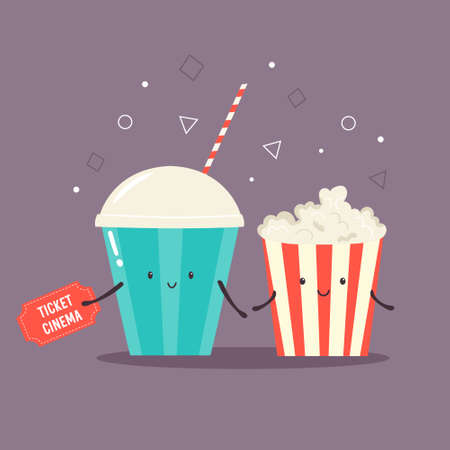 Two friends soda and pop corn. Comic illustrationのイラスト素材