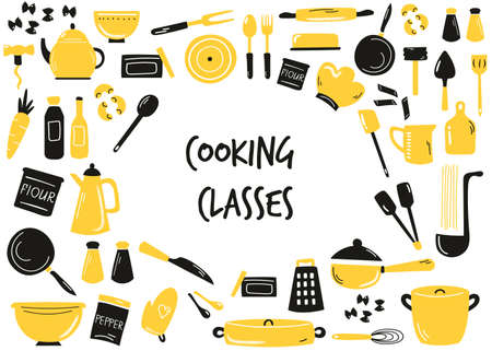 Hand drawn banner, background with cooking utensils, amenities. Vector illustration with different kitchenwareのイラスト素材