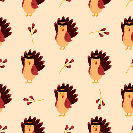Holiday seamless pattern for Thanksgiving day with funny turkeys in hats. Vector illustration, backgroundのイラスト素材