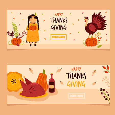 Set of holiday banners for Thanksgiving Day. Festive colorful design in a flat style.のイラスト素材
