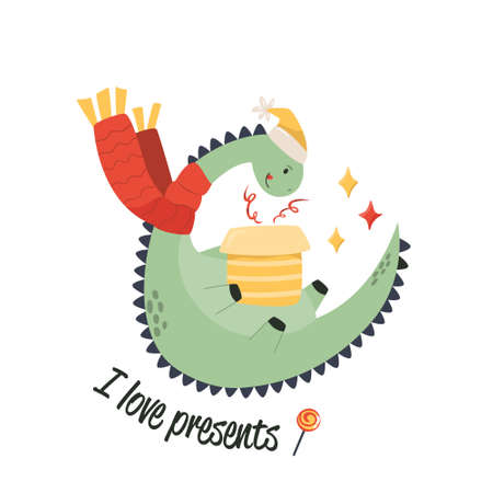 Cute holiday dinosaur in scarf and hat. Text I LOVE PRESENTS. Christmas print, greeting card with funny dino character. Vector illustrationのイラスト素材