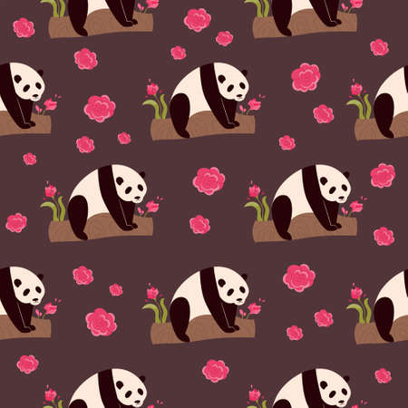 Seamless pattern with cute pandas and floral ornament. Vector illustration for wallpapers, decorations, gift box, textilesのイラスト素材