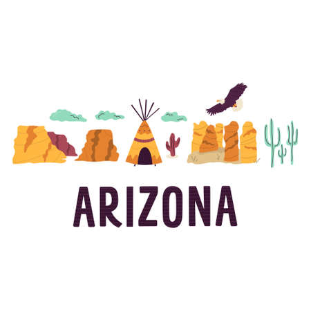 Abstract composition with famous symbols and landmarks of Arizona state. Grand Canyon, Apache Reservation, Sedona National parkのイラスト素材