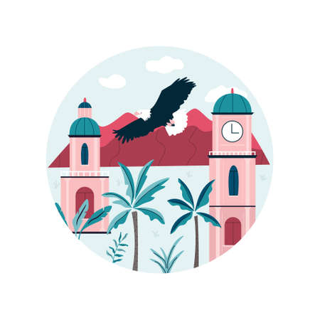 Santiago city vector illustration with traditional buildings and mountains behind. Colorful design for travel guides, posters, booksのイラスト素材