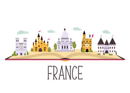 Abstract banner with famous buildings, landmarks of France. Notre Dame, Sacre Coeur, Loire river castle. Vector hand drawn bannerのイラスト素材