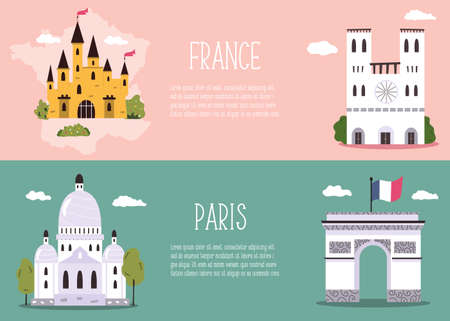 Abstract banners with famous symbols and landmarks of France and Paris. Vector hand drawn bannerのイラスト素材