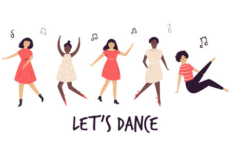 Happy dancing women. Vector illustration with cheerful characters in a flat cartoon style.のイラスト素材