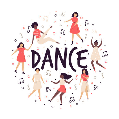 Abstract circle design with cute dancing women. Vector illustration for prints. wall arts, apparel, promotionsのイラスト素材