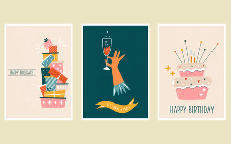 Set of three holiday vintage cards on textured background in a flat styleのイラスト素材