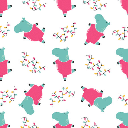 Seamless pattern with cute dancing hippo. Vector illustration with funny characters.のイラスト素材