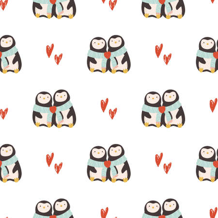Vector seamless pattern with cute penguins for St. Valentines Day.のイラスト素材