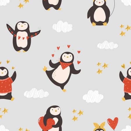 Vector seamless pattern with cute penguins for St. Valentines Day.のイラスト素材