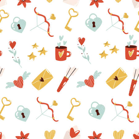 Vector seamless pattern with cute element on white background for St. Valentines Day.のイラスト素材