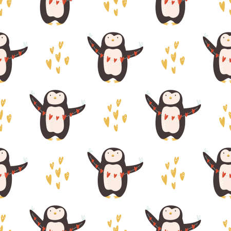 Vector seamless pattern with cute penguins for St. Valentines Day.のイラスト素材