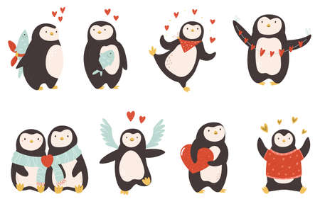 Set of cute penguins for St Valentines Day.のイラスト素材