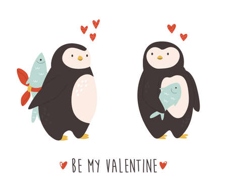 Cute penguins couple in love. Funny illustration of animal charactersのイラスト素材