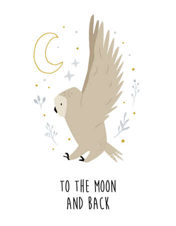 Creative poster with a flying owl and decorative elements.のイラスト素材