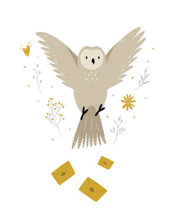 Creative poster with a flying owl and decorative elements.のイラスト素材