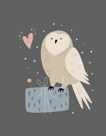 Cute illustration of an owl sitting on a gift boxのイラスト素材