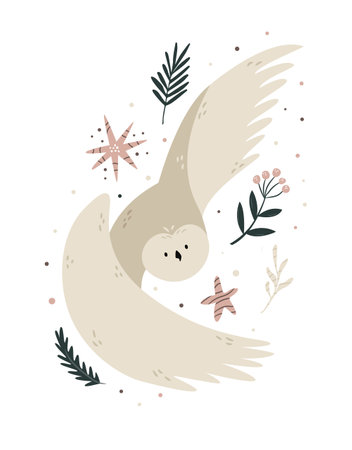 Creative poster with a flying owl and forest elements.のイラスト素材