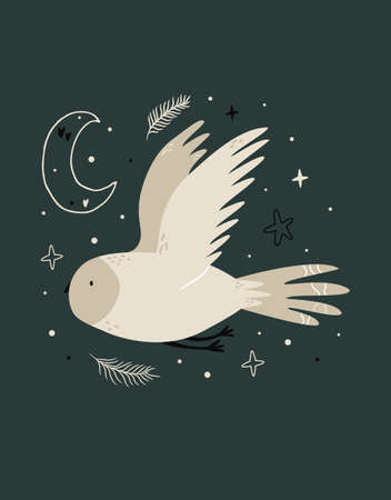 Creative poster with a flying owl and night sky elements.のイラスト素材