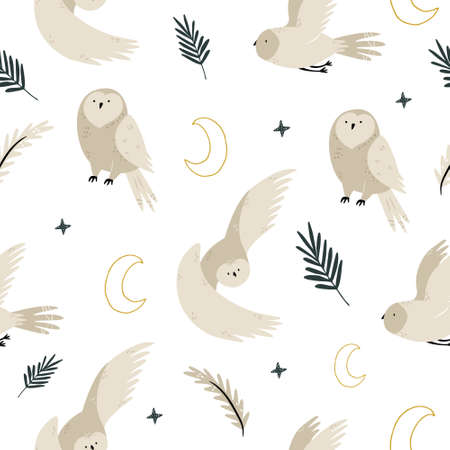 Seamless pattern with cute owls and hand drawn decorative elementsのイラスト素材