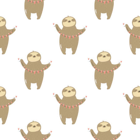 Seamless pattern with cute sloths holding garland of hearts. Vector illustration with funny charactersのイラスト素材
