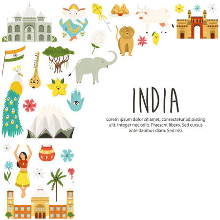 Travel poster with famous destinations and landmarks of India. Abstract design, explore India concept image.のイラスト素材