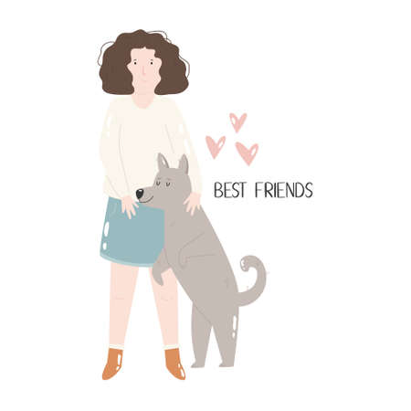 Young girl hugging her dog. Best friends concept.のイラスト素材