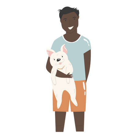 Young boy holding his dog friend. Best friends concept.のイラスト素材