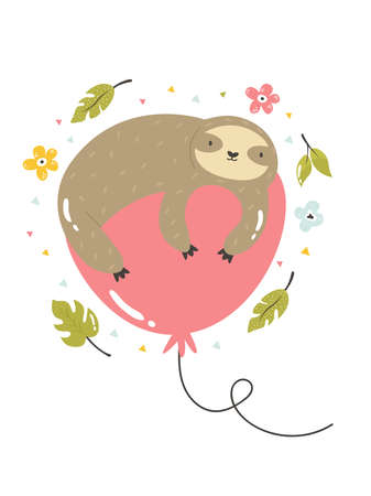 Funny poster with tropical leaves and sloth lying on a balloonのイラスト素材