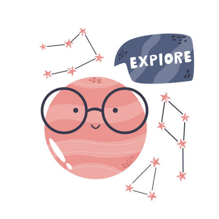 Funny composition with planet in glasses, constellations and lettering text EXPLORE. Perfect for greeting cards, wall arts, designs for baby prints.のイラスト素材