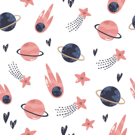 Seamless pattern with cosmic objects planets, stars, comets. Vector illustration for different designs, gift boxes, prints, wallpaper, wrapping paperのイラスト素材