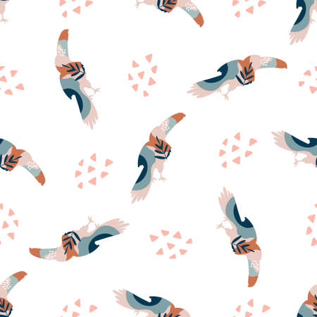 Abstract seamless pattern with colorful toucans, bright vector illustrationのイラスト素材