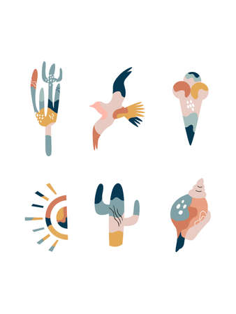 Wall art design, graphic print with boho summer elements. Vector graphic illustrationのイラスト素材