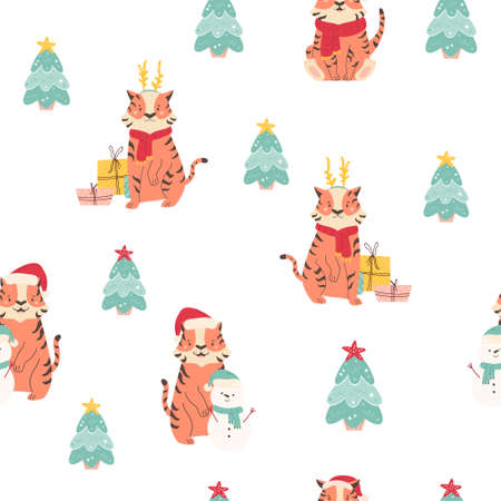 Holiday seamless pattern with funny tigers in winter clothes, snowmen, fir trees. Chirstmas, New Year print for different purposes.のイラスト素材