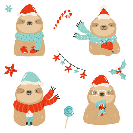 Funny collection of cute sloths in winter clothing. Vector holiday illustrationのイラスト素材