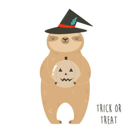Funny sloth holding a scarry pumpkin. Halloween vector illustrationのイラスト素材