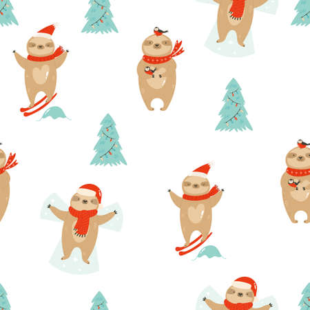 Colorful seamless patterns with cute sloths in winter clothingのイラスト素材