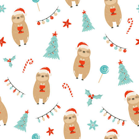 Colorful seamless patterns with cute sloths in winter clothingのイラスト素材
