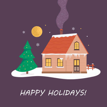 Holiday Christmas landscape of a cosy building in the forest. Vector illustration in a modern flat styleのイラスト素材