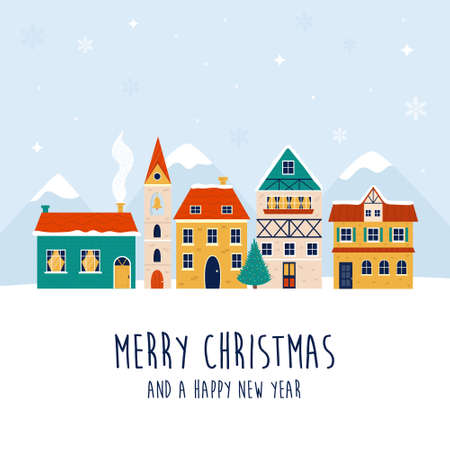 Holiday Christmas illustration with colorful buildings and Christmas tree.のイラスト素材